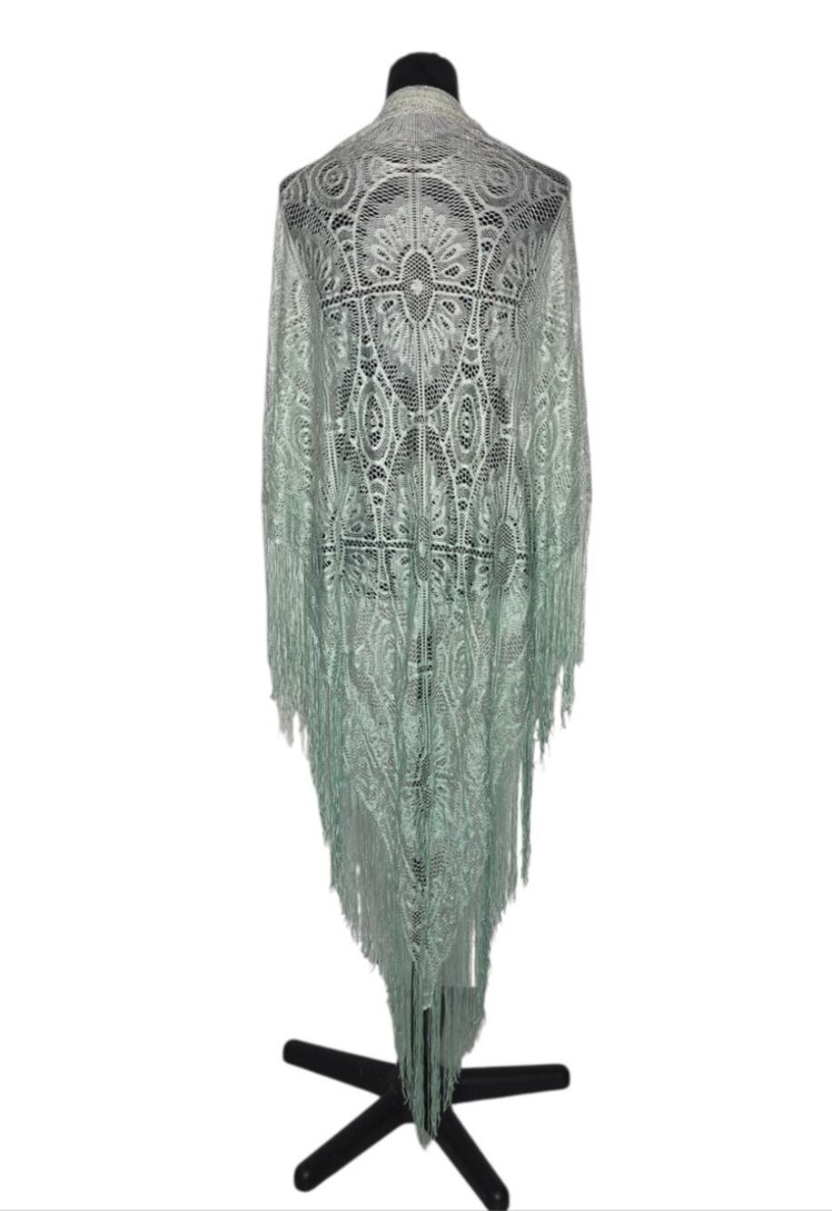 VTG Ombre Aqua Oversized Triangle Lace Shawl Wrap Fringe Boho Victorian Scarf